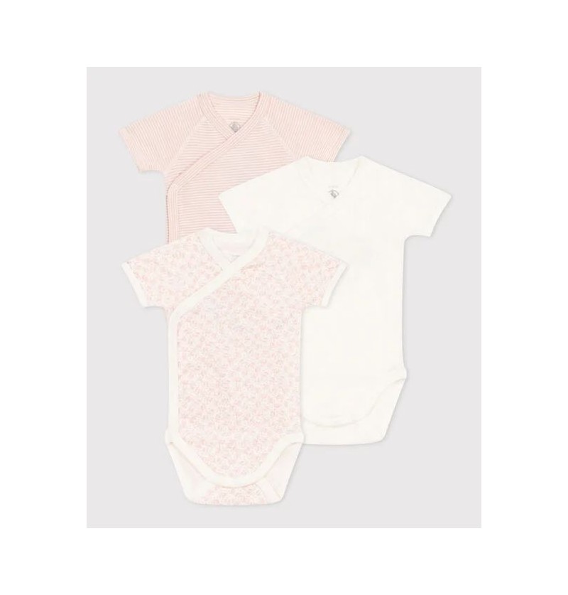 Lot de 3 bodies croisés manches courtes Petit Bateau blanc + bleu